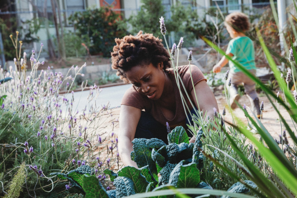 Mom gardening while toddler son plays in background