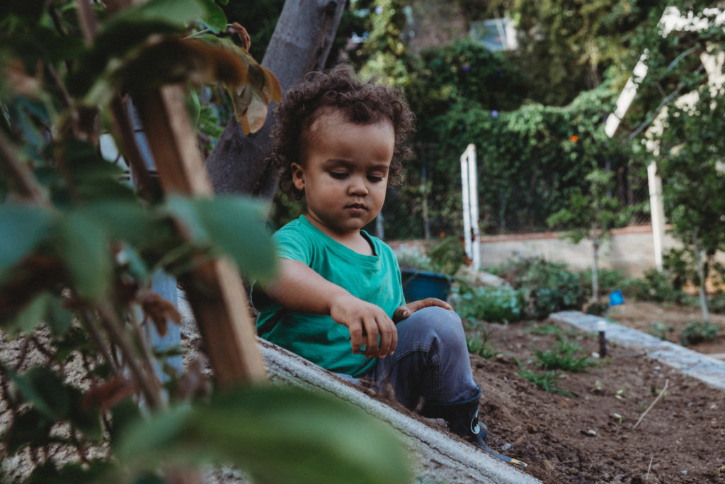 Toddler playing outside in garden