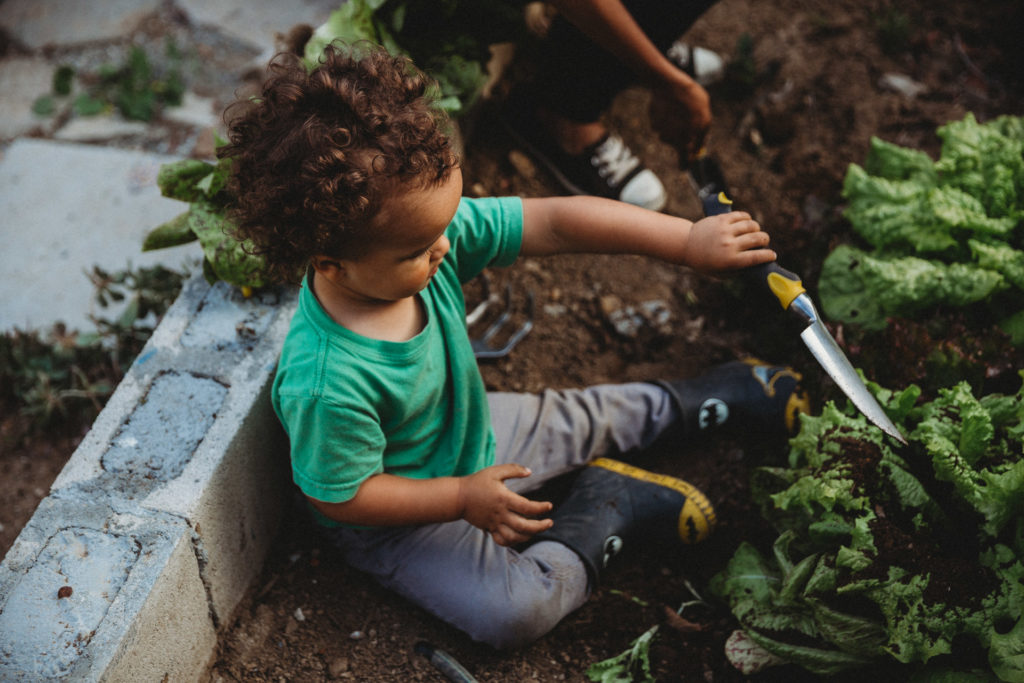 Toddler playing with shovel in garden