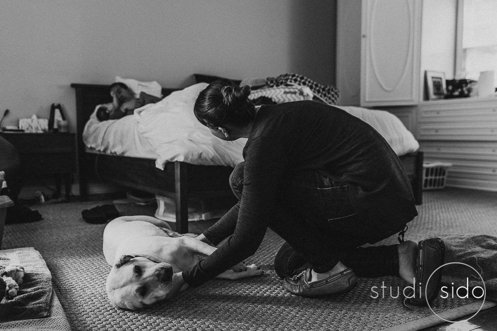 Woman with her dog while husband and baby cuddle on bed, Los Angeles, CA