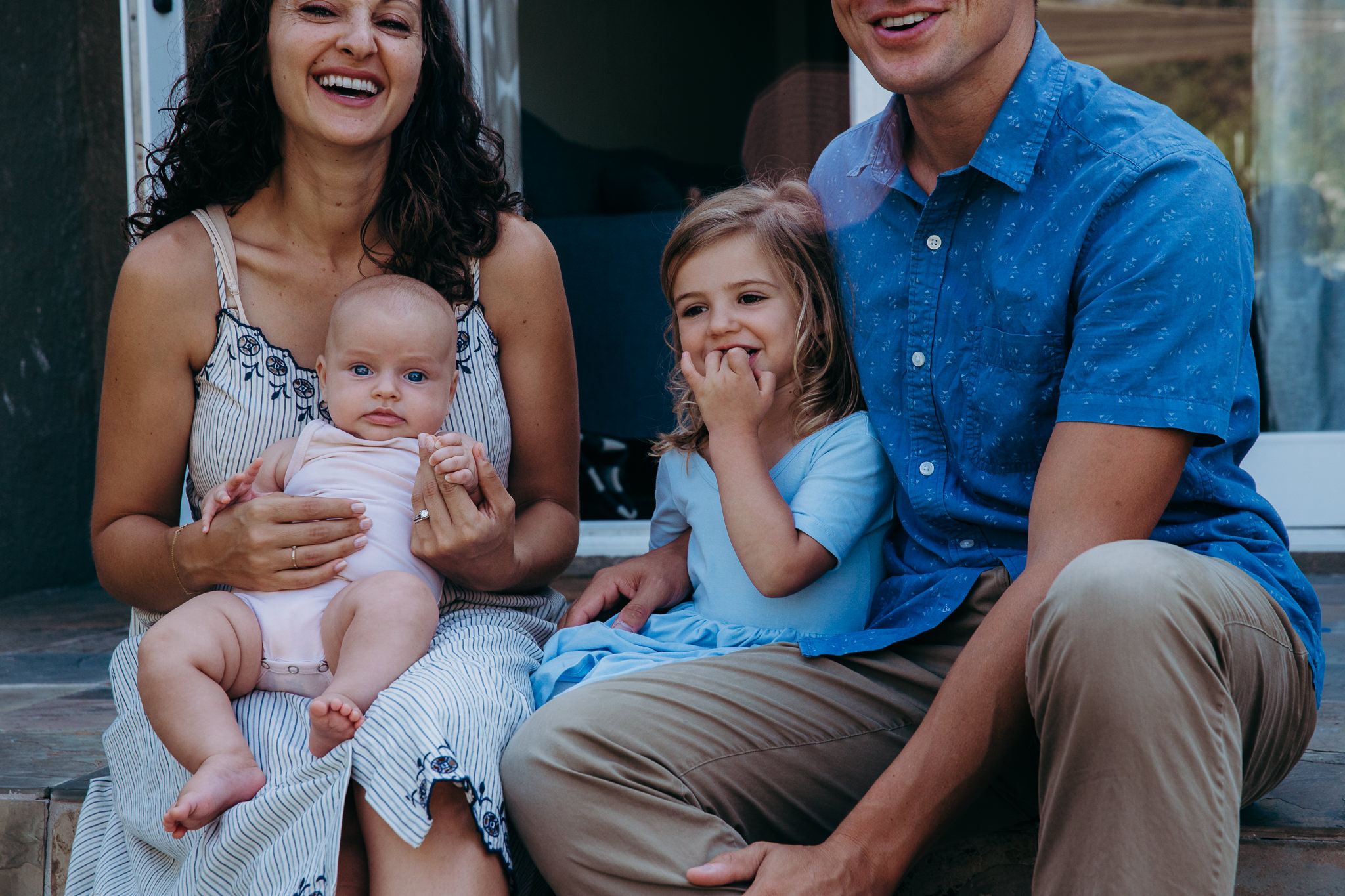 family photo - mom laughs, baby looks at camera, daughter and dad smile - Atwater Village, CA