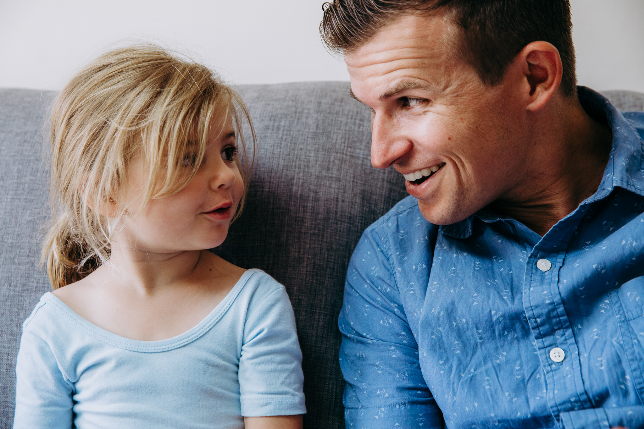 dad and daughter smile at each other - Atwater Village, CA