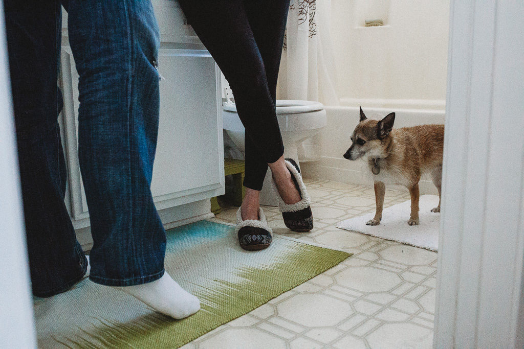 Everyone is in the bathroom, including the dog