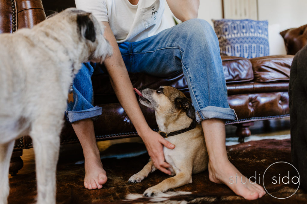 A woman surrounded by her dogs by Los Angeles family photographer