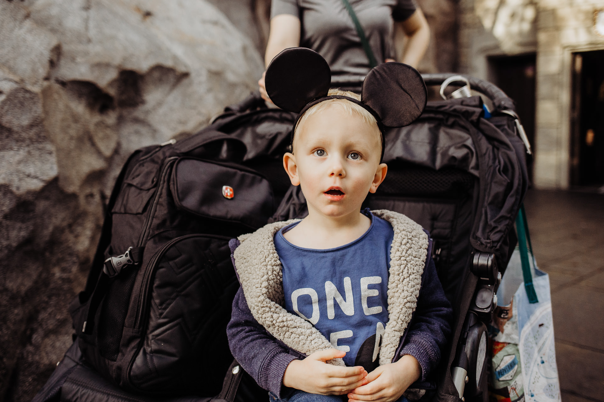 Little boy wearing mouse ears looks in wonder at Disneyland, Anaheim, CA