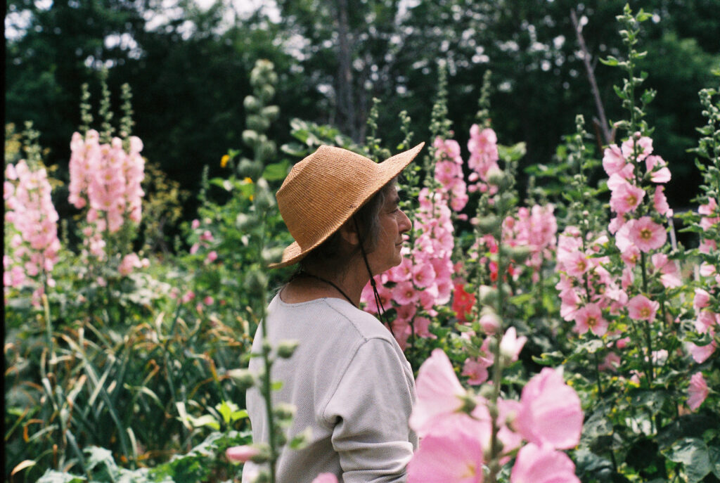 A woman in her garden, surrounded by Hollyhocks