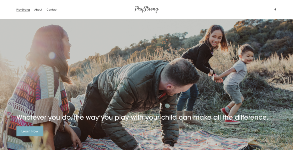 Playstrong.io's homepage with photograph by Studio Sido of family playing together in a park